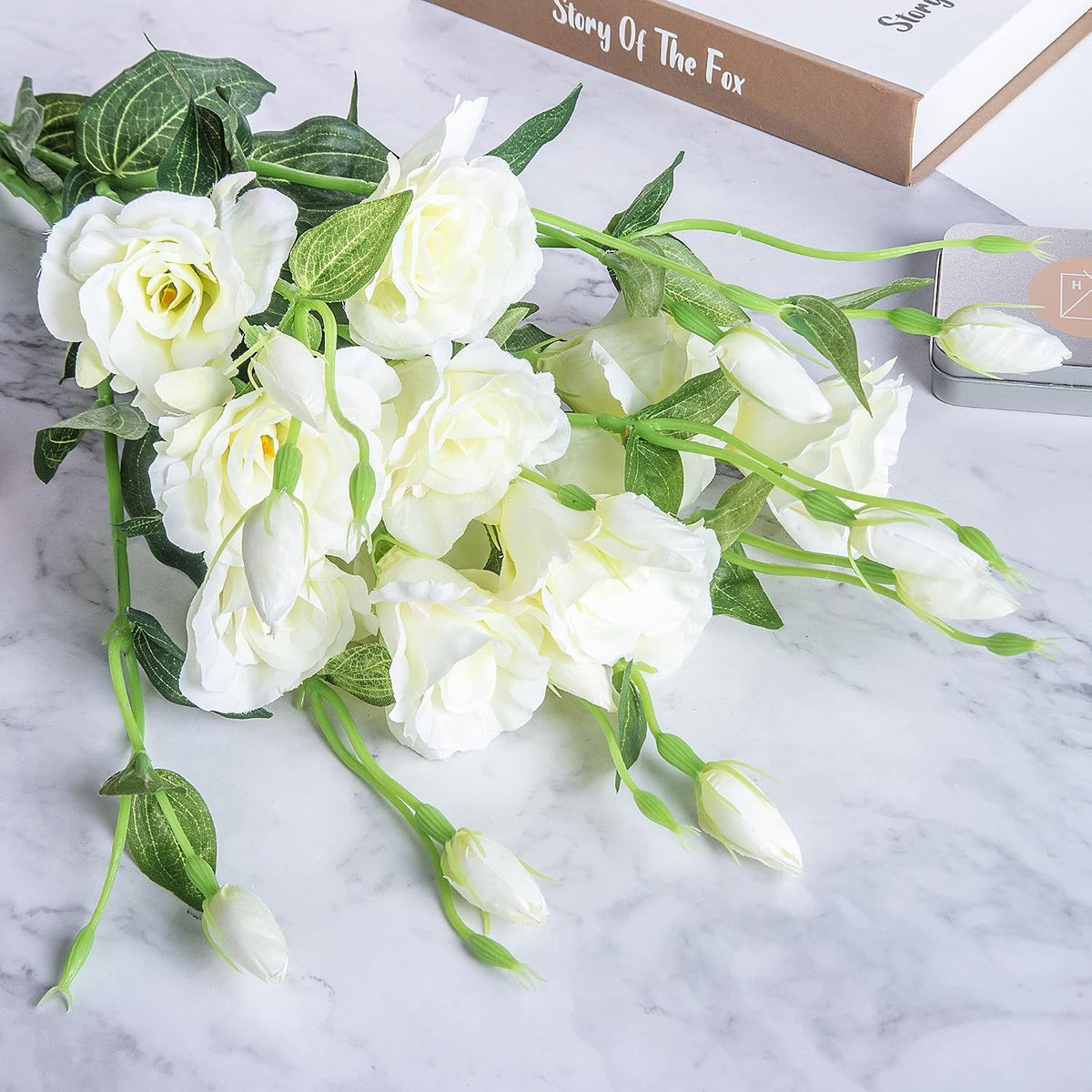 Eustoma Artificial Flowers 30” Long Stems Faux Roses Bouquet Dozen Silk Blooming Heads DIY Crafts Home Decoration, 4pcs Bulk (White)