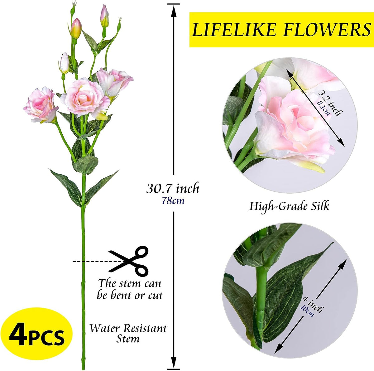 Eustoma Artificial Flowers 30” Long Stems Faux Roses Bouquet Dozen Silk Blooming Heads DIY Crafts Home Decoration, 4pcs Bulk (White)