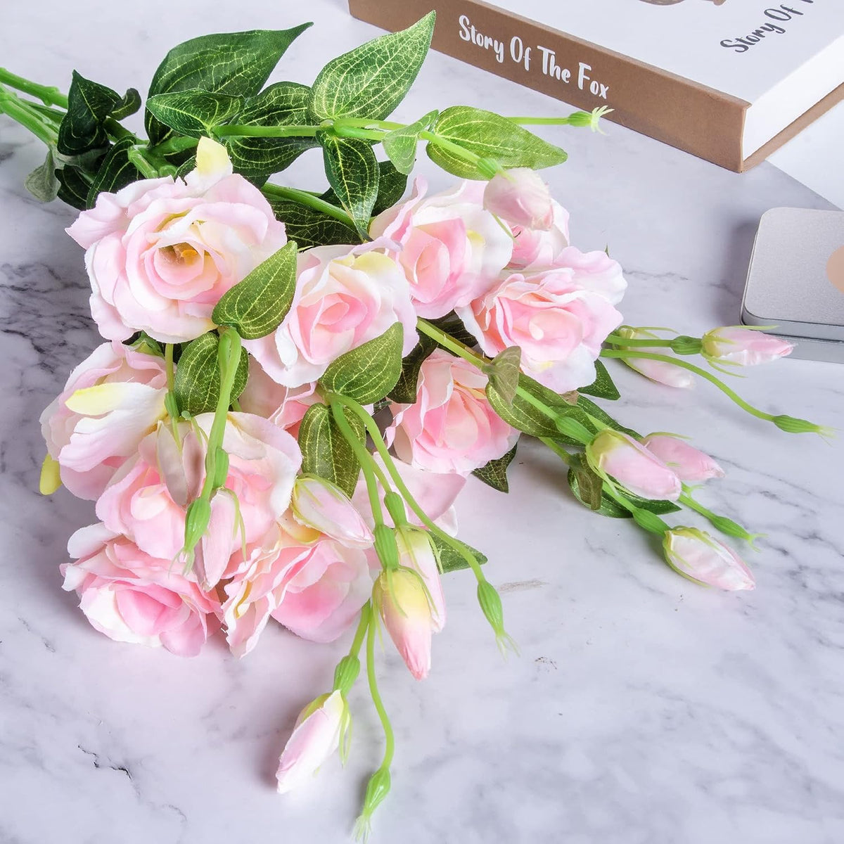Eustoma Artificial Flowers 30” Long Stems Faux Roses Bouquet Dozen Silk Blooming Heads DIY Crafts Home Decoration, 4pcs Bulk (White)