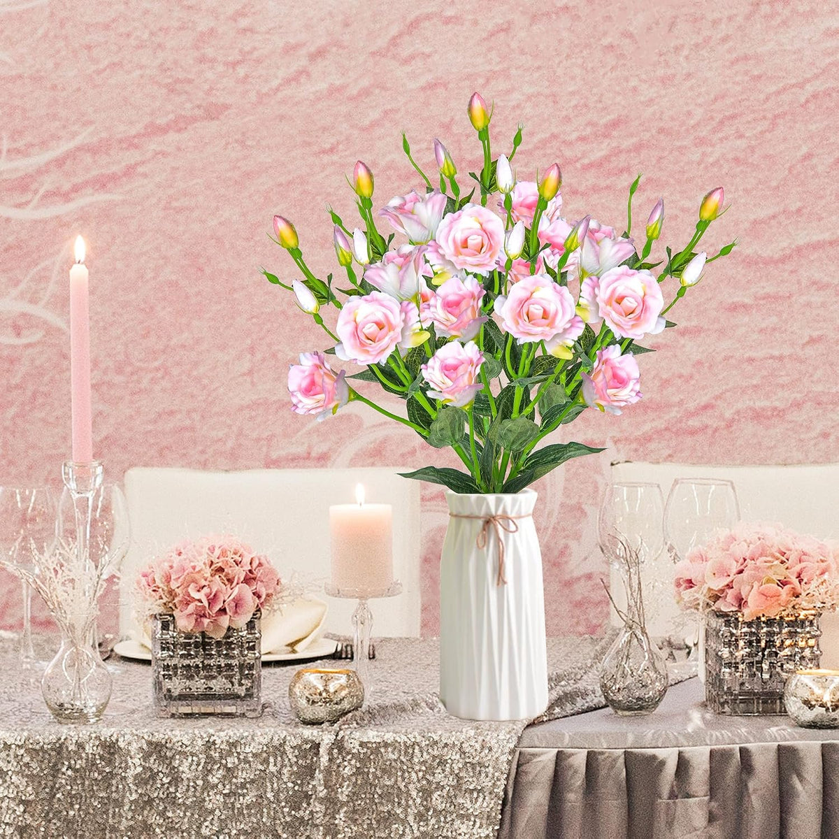 Eustoma Artificial Flowers 30” Long Stems Faux Roses Bouquet Dozen Silk Blooming Heads DIY Crafts Home Decoration, 4pcs Bulk (White)