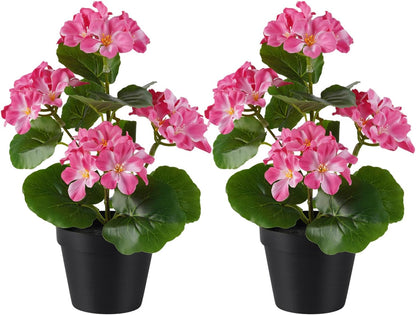 2 Pack Artificial Geranium Flowers in Pot Small 13 Inch Fake Plants | Spring Summer Decoration Faux flowers for Home Office Table Decorations Indoor (Red)
