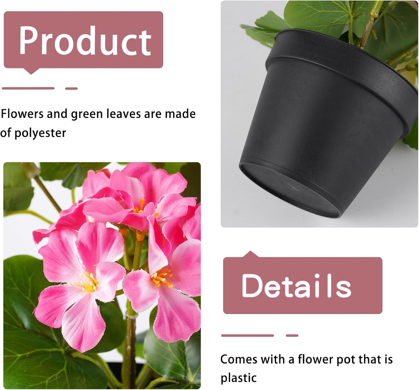 2 Pack Artificial Geranium Flowers in Pot Small 13 Inch Fake Plants | Spring Summer Decoration Faux flowers for Home Office Table Decorations Indoor (Red)