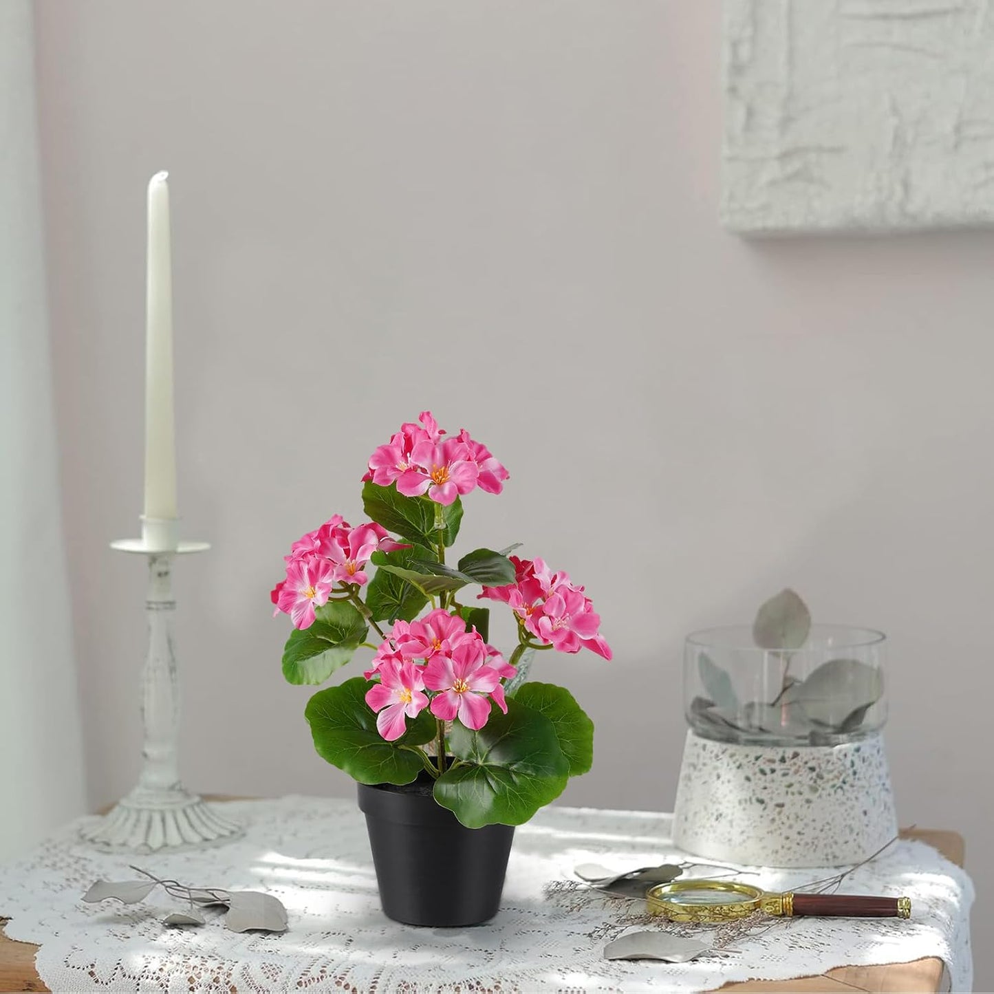 2 Pack Artificial Geranium Flowers in Pot Small 13 Inch Fake Plants | Spring Summer Decoration Faux flowers for Home Office Table Decorations Indoor (Red)