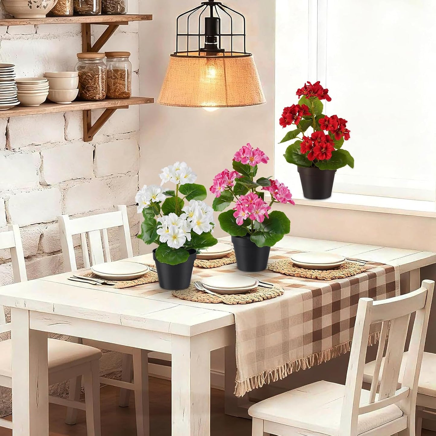 2 Pack Artificial Geranium Flowers in Pot Small 13 Inch Fake Plants | Spring Summer Decoration Faux flowers for Home Office Table Decorations Indoor (Red)