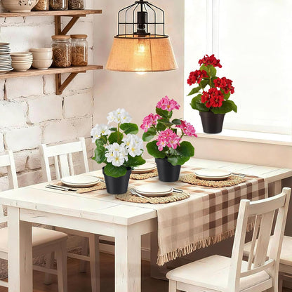 2 Pack Artificial Geranium Flowers in Pot Small 13 Inch Fake Plants | Spring Summer Decoration Faux flowers for Home Office Table Decorations Indoor (Red)
