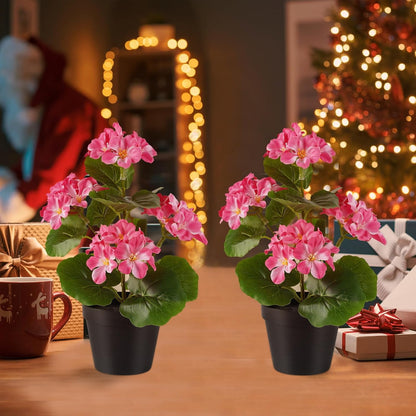 2 Pack Artificial Geranium Flowers in Pot Small 13 Inch Fake Plants | Spring Summer Decoration Faux flowers for Home Office Table Decorations Indoor (Red)