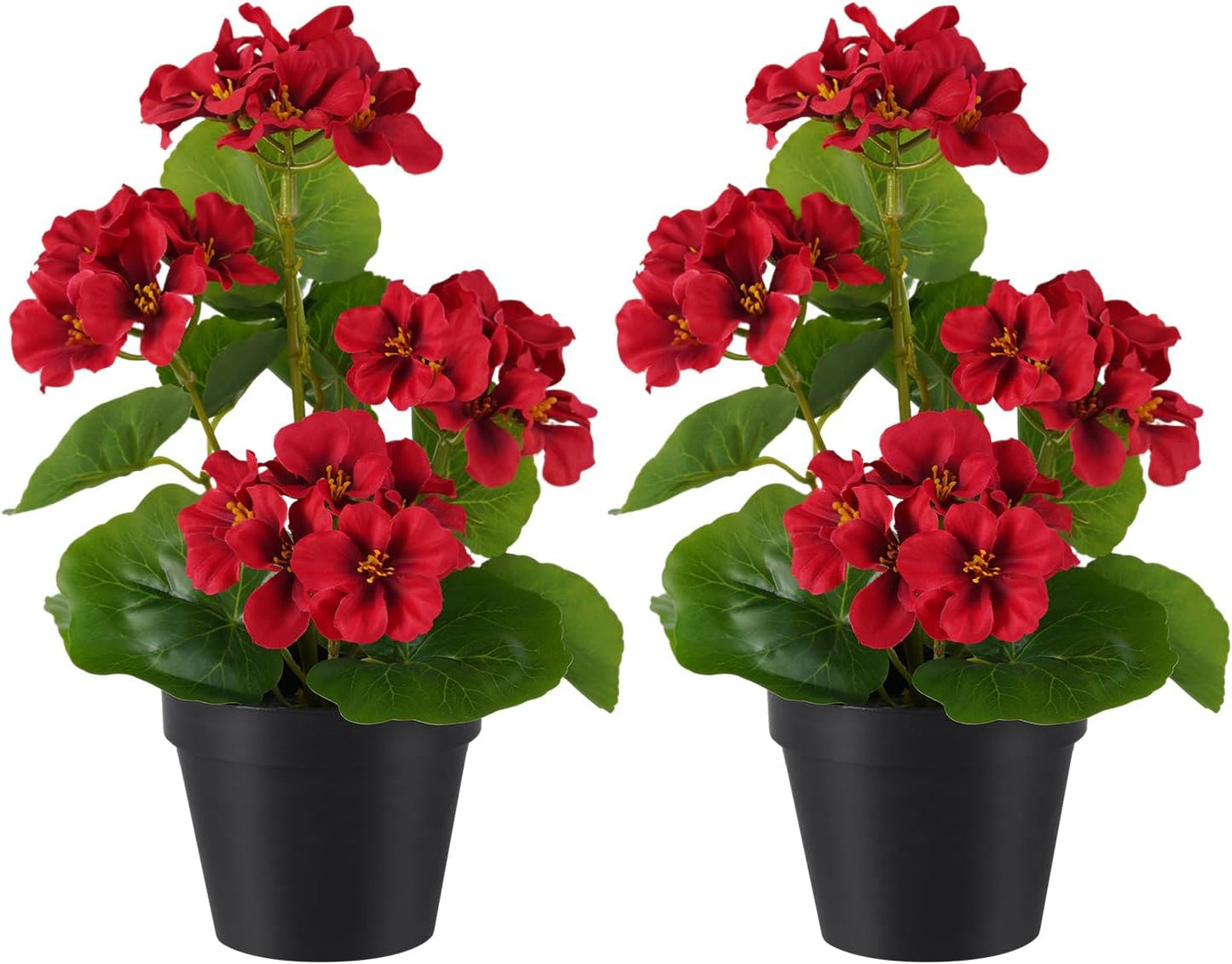 2 Pack Artificial Geranium Flowers in Pot Small 13 Inch Fake Plants | Spring Summer Decoration Faux flowers for Home Office Table Decorations Indoor (Red)