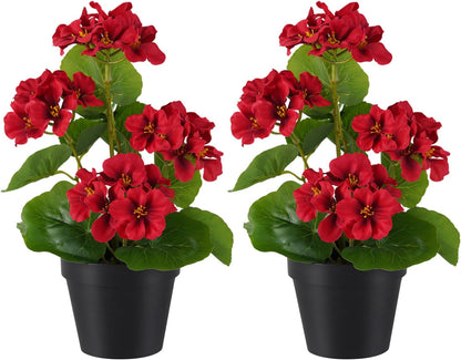2 Pack Artificial Geranium Flowers in Pot Small 13 Inch Fake Plants | Spring Summer Decoration Faux flowers for Home Office Table Decorations Indoor (Red)