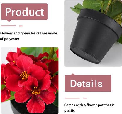 2 Pack Artificial Geranium Flowers in Pot Small 13 Inch Fake Plants | Spring Summer Decoration Faux flowers for Home Office Table Decorations Indoor (Red)
