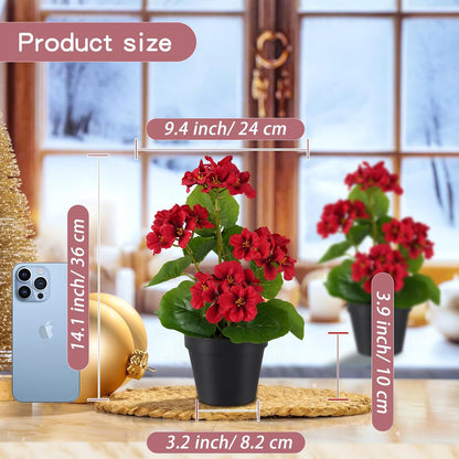 2 Pack Artificial Geranium Flowers in Pot Small 13 Inch Fake Plants | Spring Summer Decoration Faux flowers for Home Office Table Decorations Indoor (Red)