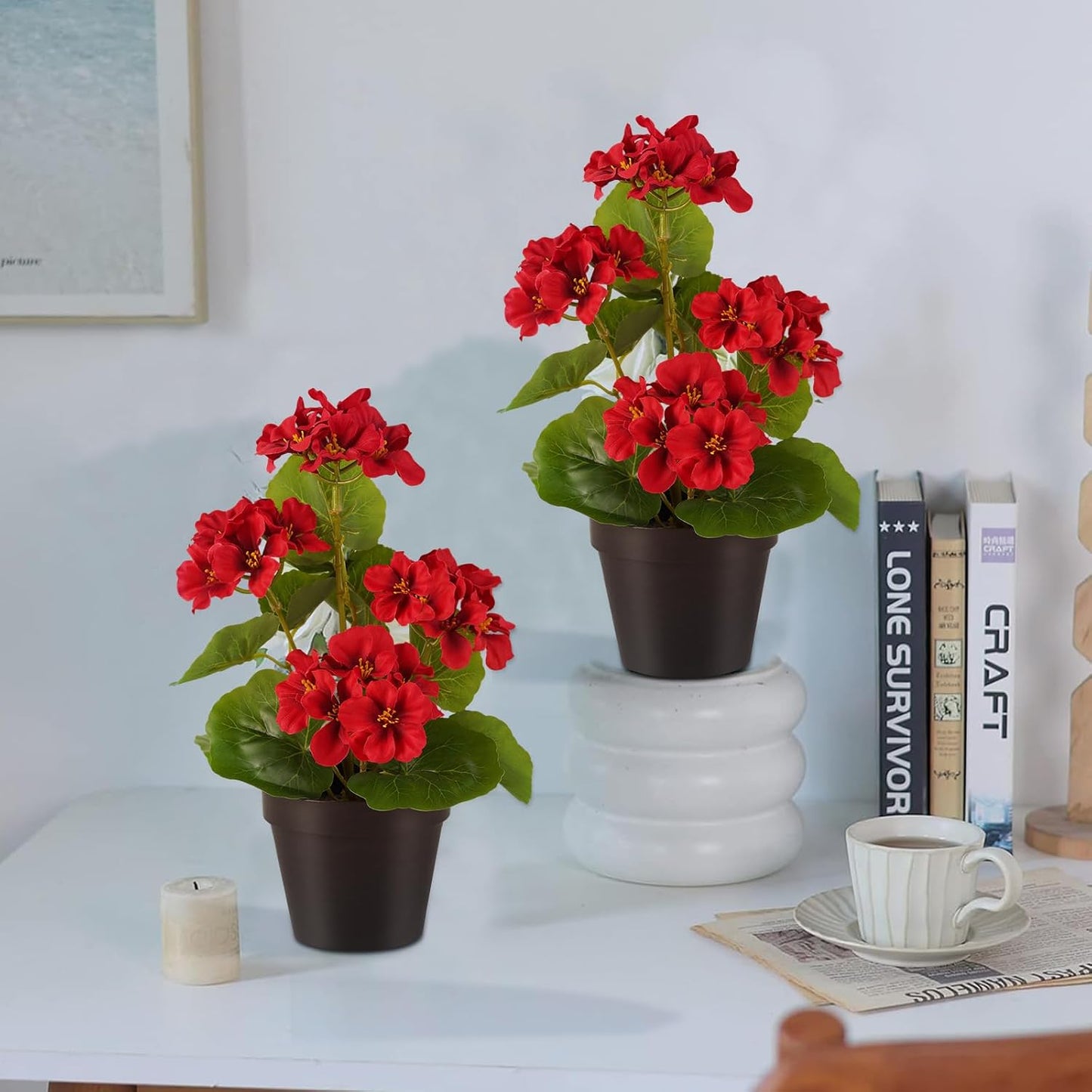 2 Pack Artificial Geranium Flowers in Pot Small 13 Inch Fake Plants | Spring Summer Decoration Faux flowers for Home Office Table Decorations Indoor (Red)