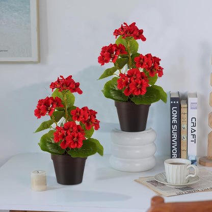 2 Pack Artificial Geranium Flowers in Pot Small 13 Inch Fake Plants | Spring Summer Decoration Faux flowers for Home Office Table Decorations Indoor (Red)