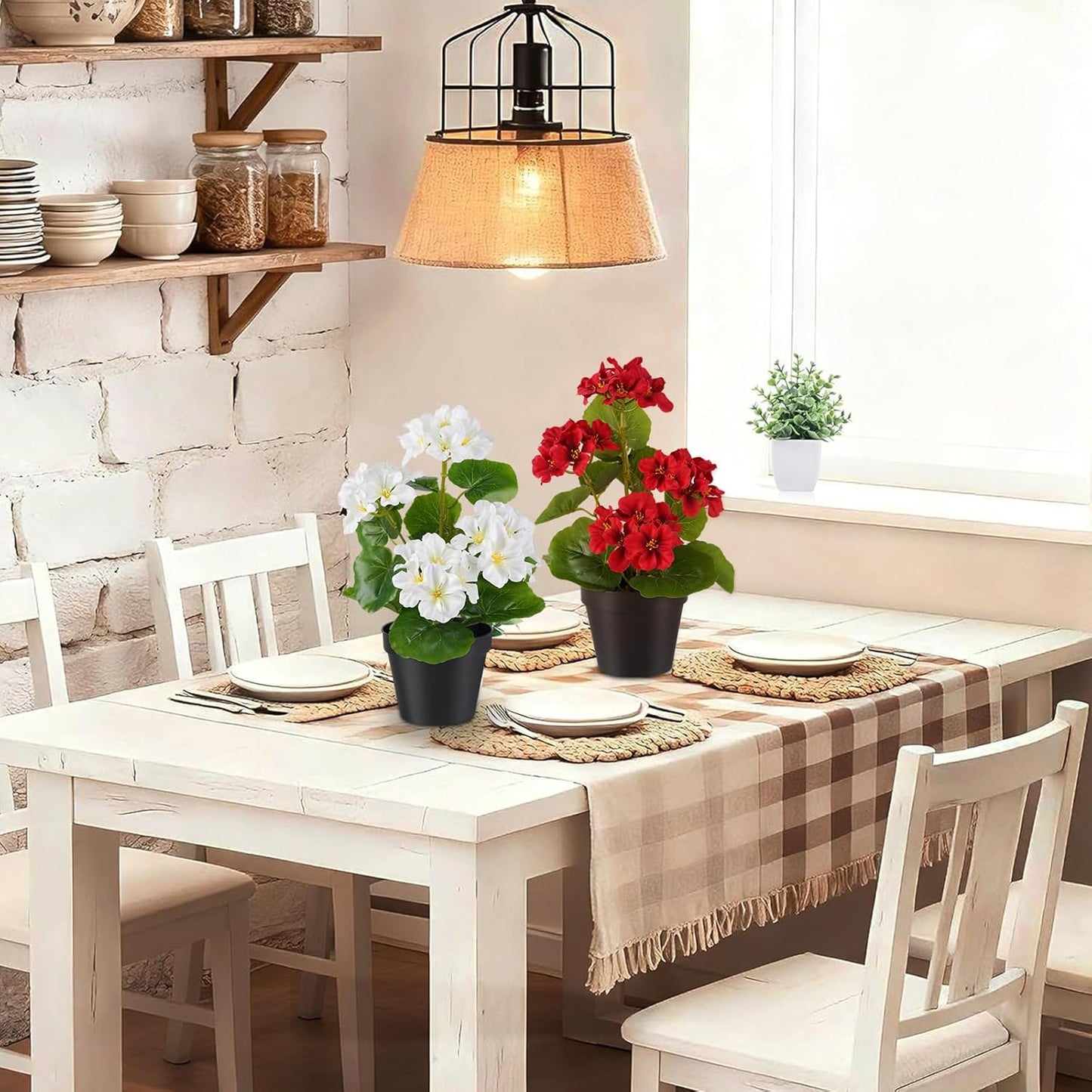 2 Pack Artificial Geranium Flowers in Pot Small 13 Inch Fake Plants | Spring Summer Decoration Faux flowers for Home Office Table Decorations Indoor (Red)