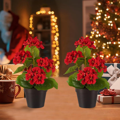 2 Pack Artificial Geranium Flowers in Pot Small 13 Inch Fake Plants | Spring Summer Decoration Faux flowers for Home Office Table Decorations Indoor (Red)