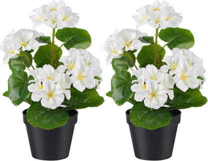 2 Pack Artificial Geranium Flowers in Pot Small 13 Inch Fake Plants | Spring Summer Decoration Faux flowers for Home Office Table Decorations Indoor (Red)