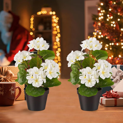 2 Pack Artificial Geranium Flowers in Pot Small 13 Inch Fake Plants | Spring Summer Decoration Faux flowers for Home Office Table Decorations Indoor (Red)