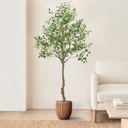 6FT Faux Olive Tree, Artificial Olive Trees Indoor with Natural Wood Trunk & Lifelike Fruits, Fake Silk Plant with Pot, Realistic Leaves Artificial Tree for Bedroom, Living Room, Office Decor