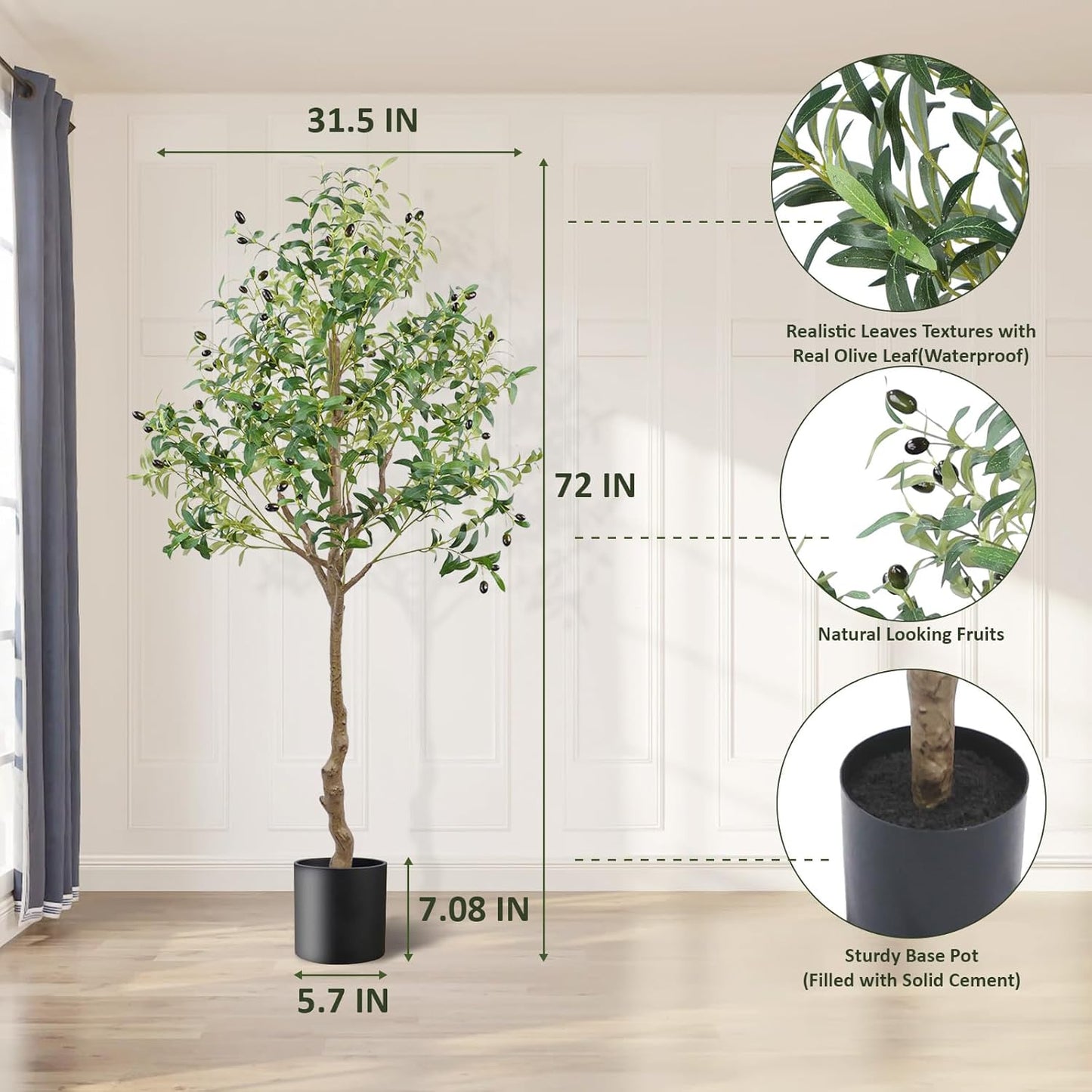 6FT Faux Olive Tree, Artificial Olive Trees Indoor with Natural Wood Trunk & Lifelike Fruits, Fake Silk Plant with Pot, Realistic Leaves Artificial Tree for Bedroom, Living Room, Office Decor