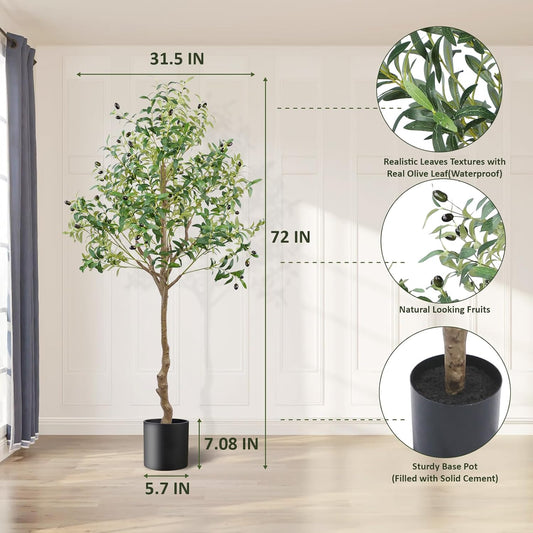 6FT Faux Olive Tree, Artificial Olive Trees Indoor with Natural Wood Trunk & Lifelike Fruits, Fake Silk Plant with Pot, Realistic Leaves Artificial Tree for Bedroom, Living Room, Office Decor