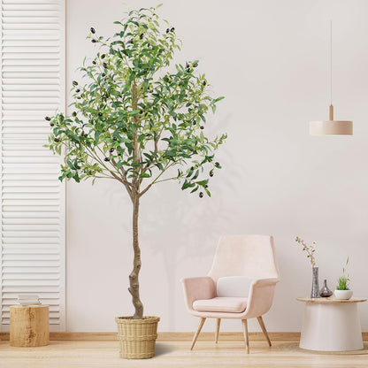 6FT Faux Olive Tree, Artificial Olive Trees Indoor with Natural Wood Trunk & Lifelike Fruits, Fake Silk Plant with Pot, Realistic Leaves Artificial Tree for Bedroom, Living Room, Office Decor