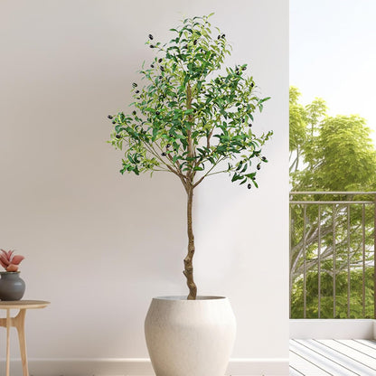 6FT Faux Olive Tree, Artificial Olive Trees Indoor with Natural Wood Trunk & Lifelike Fruits, Fake Silk Plant with Pot, Realistic Leaves Artificial Tree for Bedroom, Living Room, Office Decor