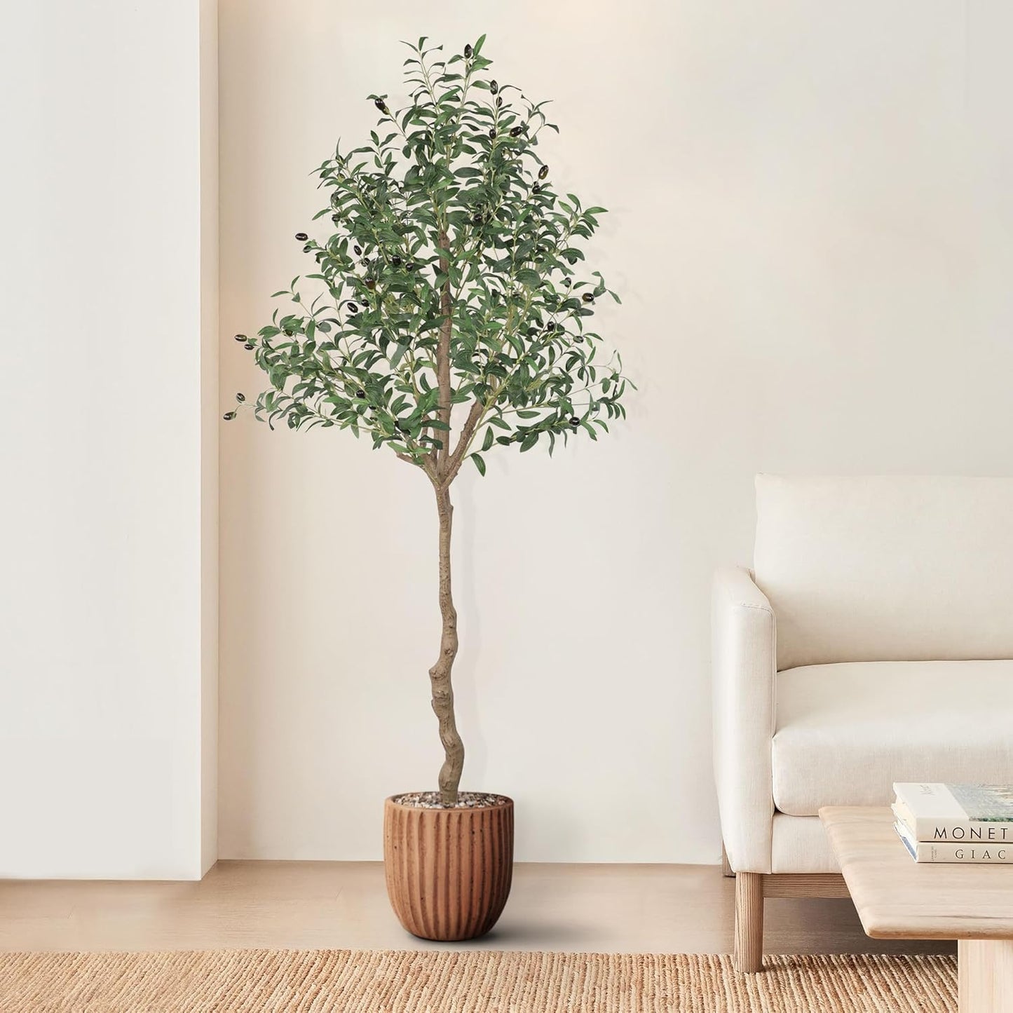 6FT Faux Olive Tree, Artificial Olive Trees Indoor with Natural Wood Trunk & Lifelike Fruits, Fake Silk Plant with Pot, Realistic Leaves Artificial Tree for Bedroom, Living Room, Office Decor