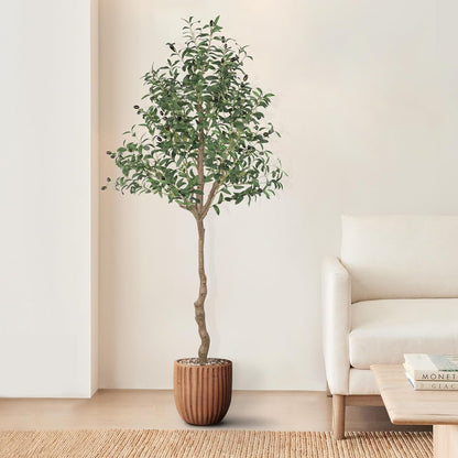 6FT Faux Olive Tree, Artificial Olive Trees Indoor with Natural Wood Trunk & Lifelike Fruits, Fake Silk Plant with Pot, Realistic Leaves Artificial Tree for Bedroom, Living Room, Office Decor