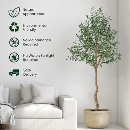 6FT Faux Olive Tree, Artificial Olive Trees Indoor with Natural Wood Trunk & Lifelike Fruits, Fake Silk Plant with Pot, Realistic Leaves Artificial Tree for Bedroom, Living Room, Office Decor