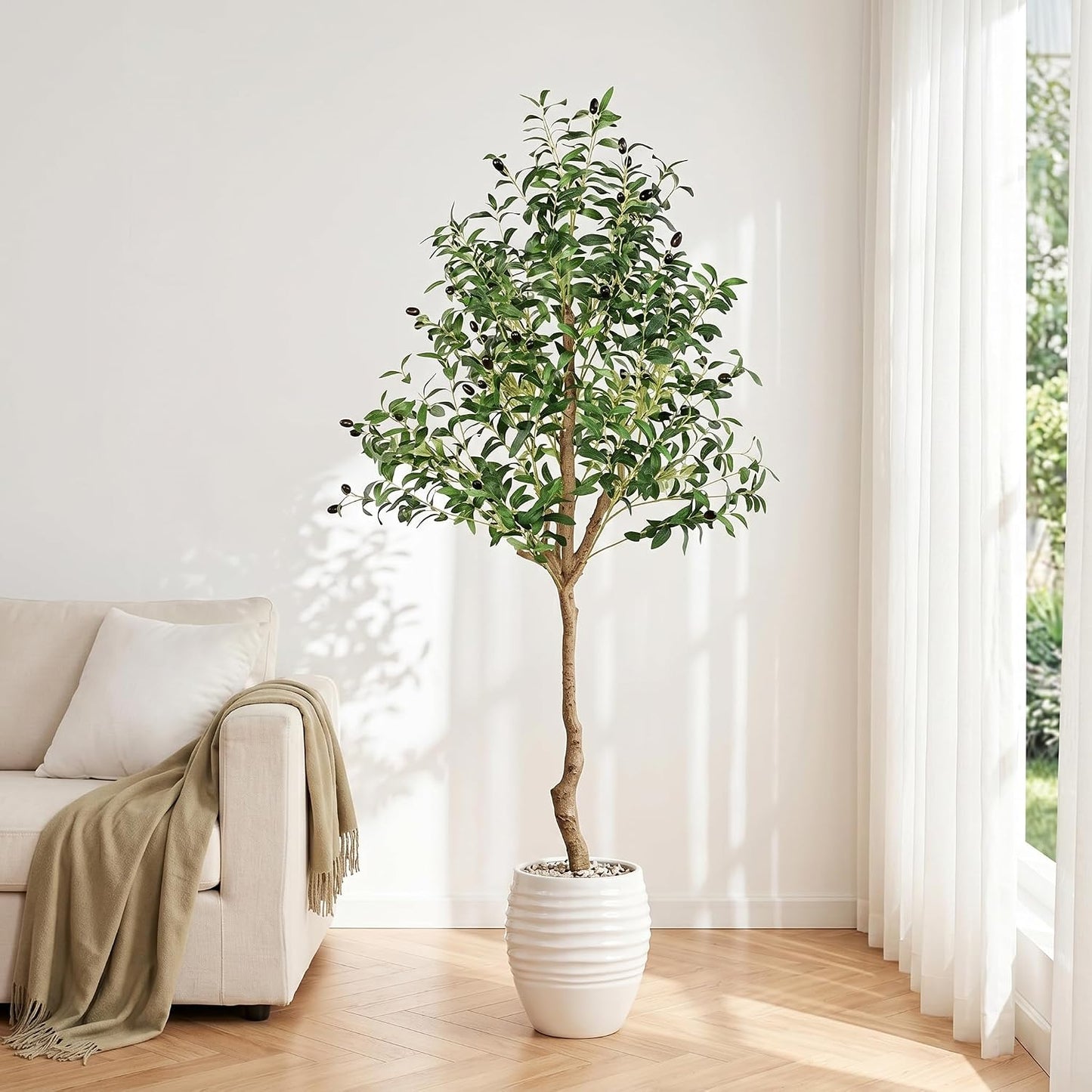 6FT Faux Olive Tree, Artificial Olive Trees Indoor with Natural Wood Trunk & Lifelike Fruits, Fake Silk Plant with Pot, Realistic Leaves Artificial Tree for Bedroom, Living Room, Office Decor
