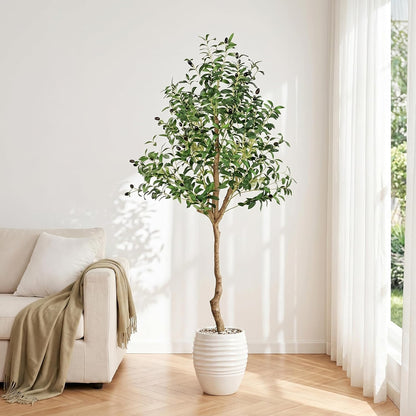 6FT Faux Olive Tree, Artificial Olive Trees Indoor with Natural Wood Trunk & Lifelike Fruits, Fake Silk Plant with Pot, Realistic Leaves Artificial Tree for Bedroom, Living Room, Office Decor