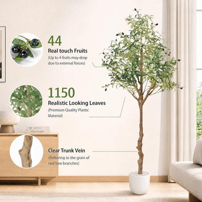 6FT Faux Olive Tree, Artificial Olive Trees Indoor with Natural Wood Trunk & Lifelike Fruits, Fake Silk Plant with Pot, Realistic Leaves Artificial Tree for Bedroom, Living Room, Office Decor