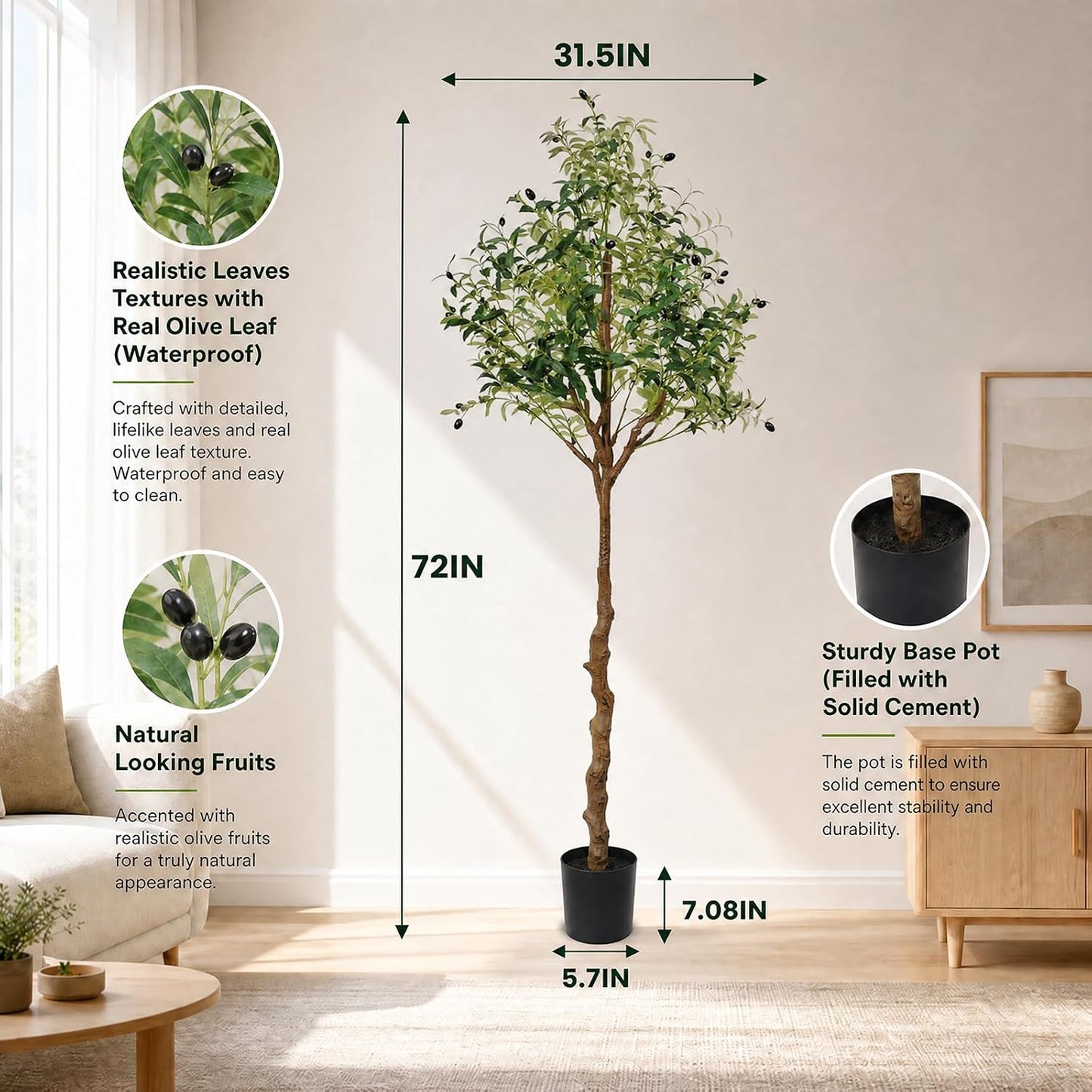 6FT Faux Olive Tree, Artificial Olive Trees Indoor with Natural Wood Trunk & Lifelike Fruits, Fake Silk Plant with Pot, Realistic Leaves Artificial Tree for Bedroom, Living Room, Office Decor