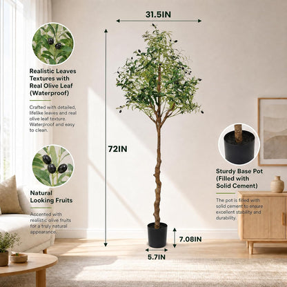 6FT Faux Olive Tree, Artificial Olive Trees Indoor with Natural Wood Trunk & Lifelike Fruits, Fake Silk Plant with Pot, Realistic Leaves Artificial Tree for Bedroom, Living Room, Office Decor