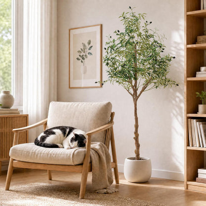 6FT Faux Olive Tree, Artificial Olive Trees Indoor with Natural Wood Trunk & Lifelike Fruits, Fake Silk Plant with Pot, Realistic Leaves Artificial Tree for Bedroom, Living Room, Office Decor