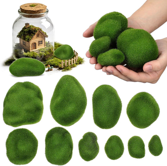 20-Pack Artificial Moss Rocks Decorative Green Stones for Fish Tank Terrarium Vase Filler Ornaments Realistic Faux Landscape Balls Decor for Fairy Garden Home Office Planter Decoration