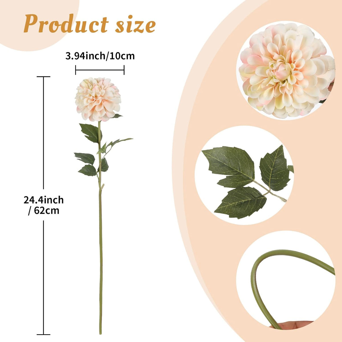 Pink Dahlia Artificial Flowers 5 Pcs Long Stem Silk Dahlia Flowers 27” for Bathroom Tall Vase Wedding Anniversary Centerpiece Aisle Outdoor Decor(Champagne&Pink)