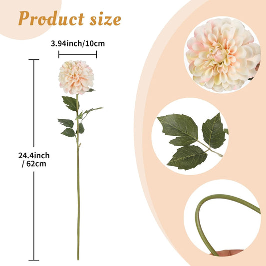 Pink Dahlia Artificial Flowers 5 Pcs Long Stem Silk Dahlia Flowers 27” for Bathroom Tall Vase Wedding Anniversary Centerpiece Aisle Outdoor Decor(Champagne&Pink)