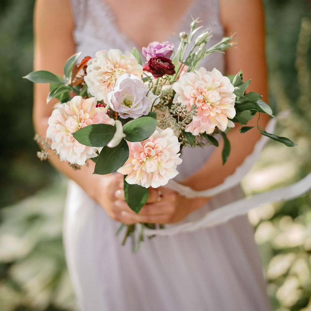 Pink Dahlia Artificial Flowers 5 Pcs Long Stem Silk Dahlia Flowers 27” for Bathroom Tall Vase Wedding Anniversary Centerpiece Aisle Outdoor Decor(Champagne&Pink)