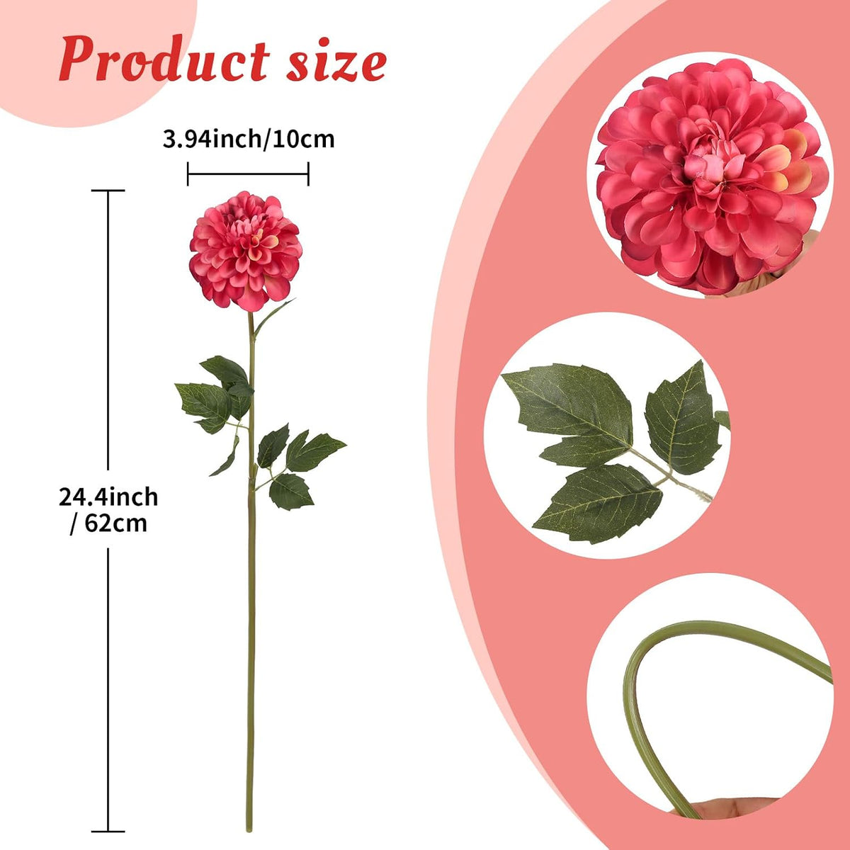 Pink Dahlia Artificial Flowers 5 Pcs Long Stem Silk Dahlia Flowers 27” for Bathroom Tall Vase Wedding Anniversary Centerpiece Aisle Outdoor Decor(Champagne&Pink)