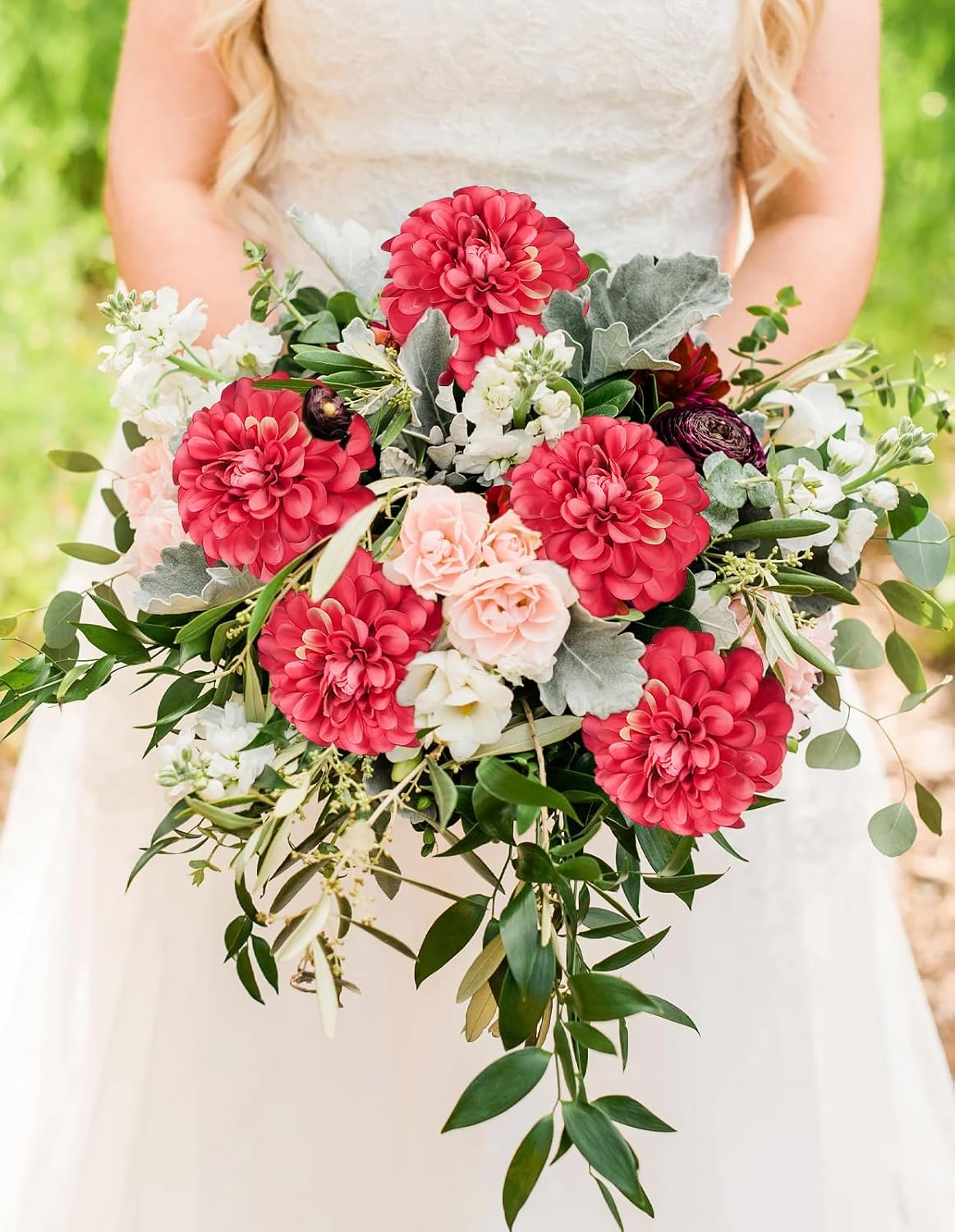 Pink Dahlia Artificial Flowers 5 Pcs Long Stem Silk Dahlia Flowers 27” for Bathroom Tall Vase Wedding Anniversary Centerpiece Aisle Outdoor Decor(Champagne&Pink)