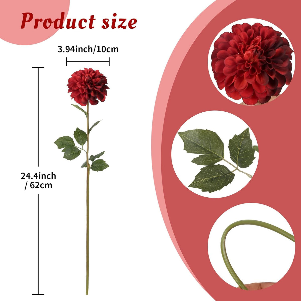 Pink Dahlia Artificial Flowers 5 Pcs Long Stem Silk Dahlia Flowers 27” for Bathroom Tall Vase Wedding Anniversary Centerpiece Aisle Outdoor Decor(Champagne&Pink)