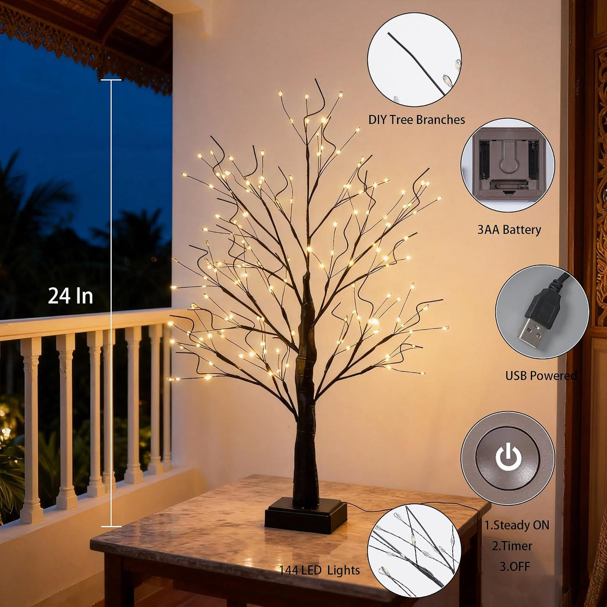 144 LED Birch Tree Light with Timer,DIY Artificial Lamp Warm White