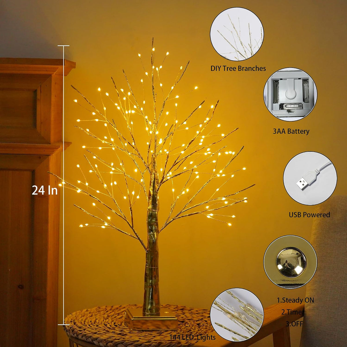 144 LED Birch Tree Light with Timer,DIY Artificial Lamp Warm White