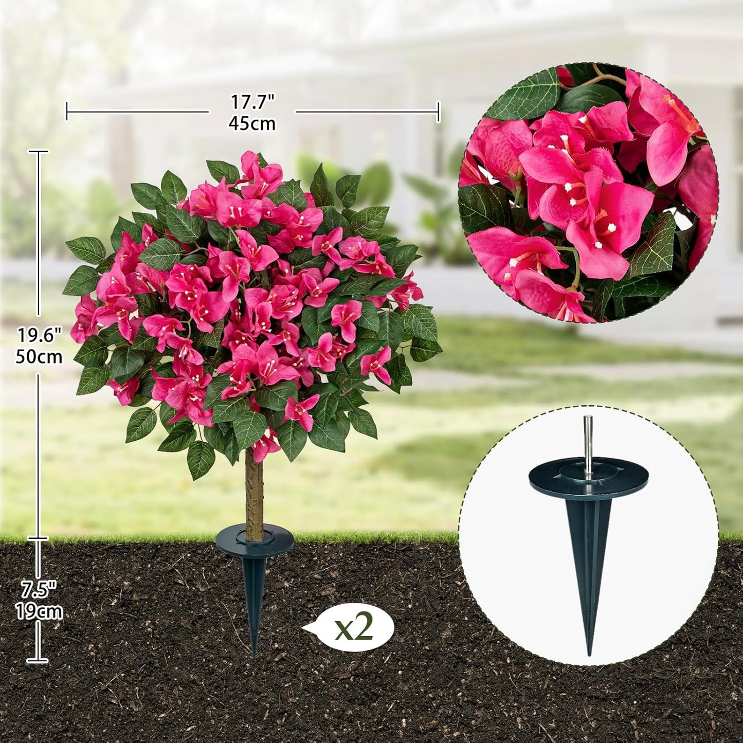 Set of 2 Artificial Bougainvillea Topiary Trees with Ground Spike, 32in Hot Pink Fake Flowers Topiary Faux Silk Floral Plants for Front Porch Garden Patio Outdoor Decor