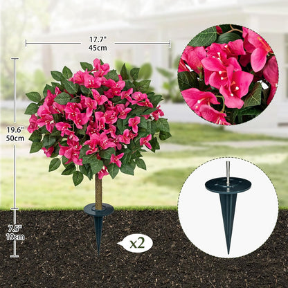 Set of 2 Artificial Bougainvillea Topiary Trees with Ground Spike, 32in Hot Pink Fake Flowers Topiary Faux Silk Floral Plants for Front Porch Garden Patio Outdoor Decor
