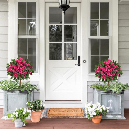Set of 2 Artificial Bougainvillea Topiary Trees with Ground Spike, 32in Hot Pink Fake Flowers Topiary Faux Silk Floral Plants for Front Porch Garden Patio Outdoor Decor
