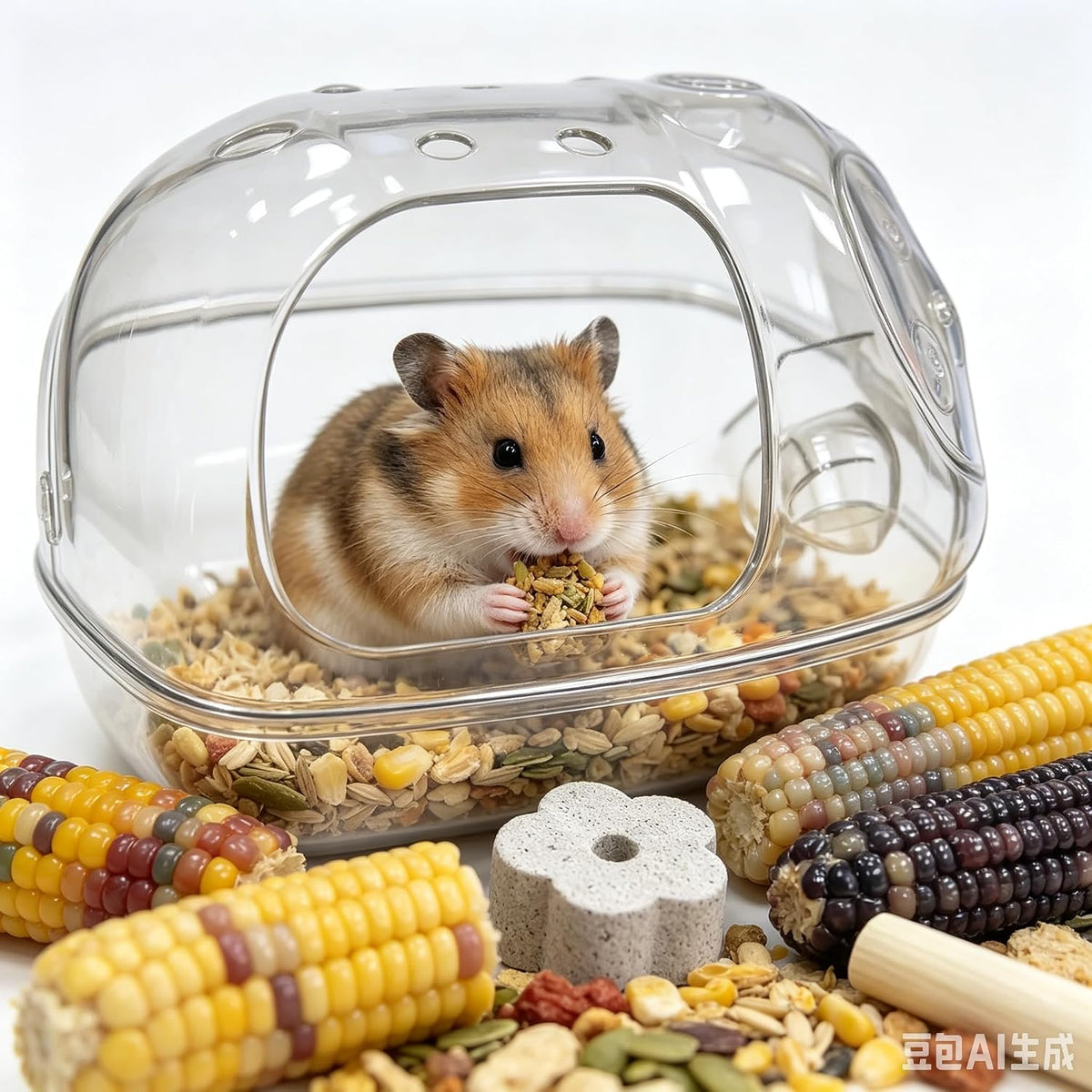 Hamster Cage Scenery Set Hamster Toy Products Transparent Hamster Nest with Ladder Golden Bear Grinding Rod Grass Cake Corn Grinding Stone Suitable for Flower Branch Mouse Macaroni Mouse Hamster, etc