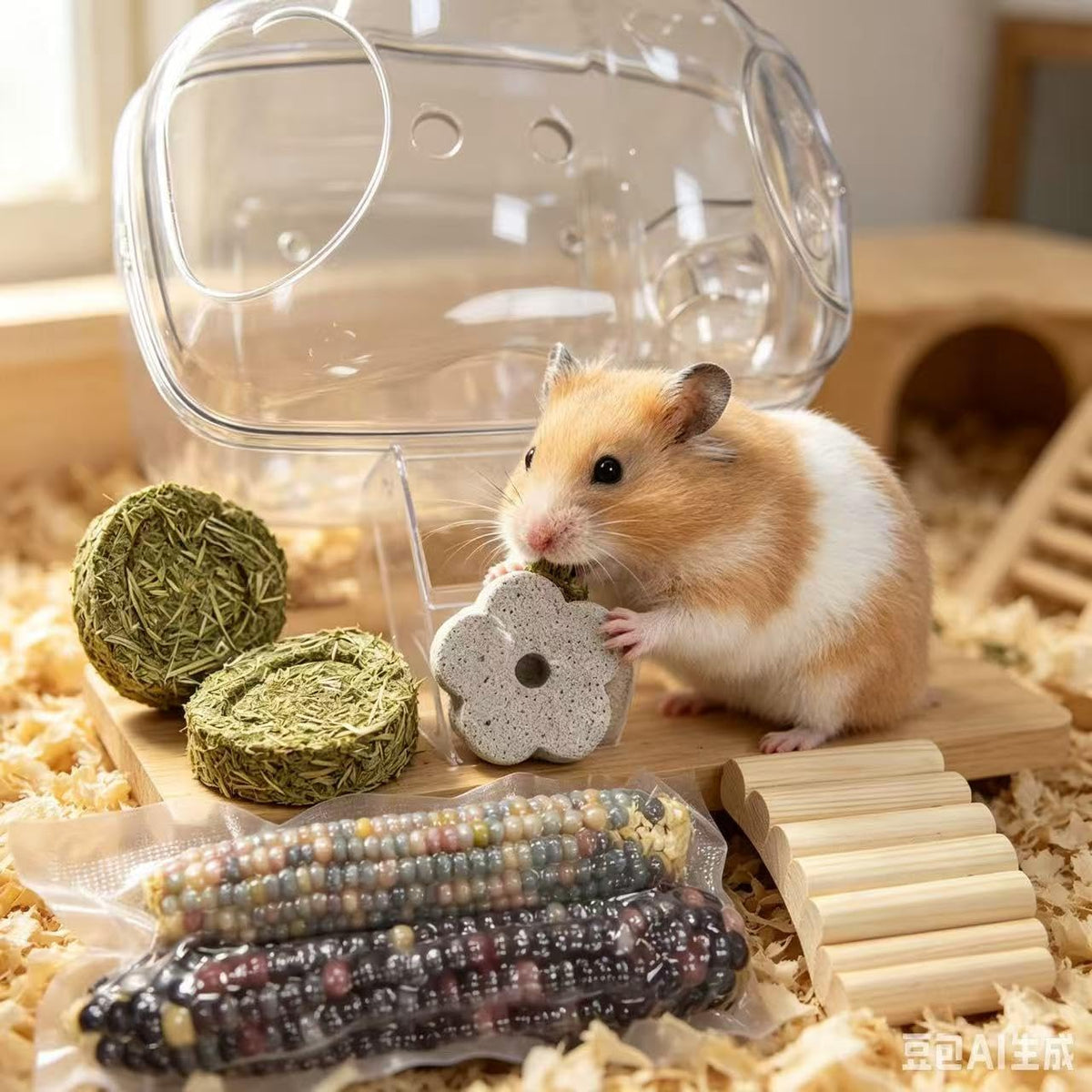 Hamster Cage Scenery Set Hamster Toy Products Transparent Hamster Nest with Ladder Golden Bear Grinding Rod Grass Cake Corn Grinding Stone Suitable for Flower Branch Mouse Macaroni Mouse Hamster, etc