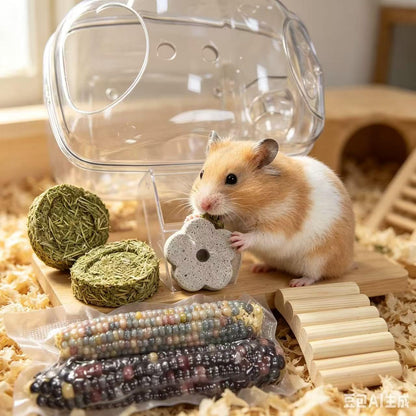 Hamster Cage Scenery Set Hamster Toy Products Transparent Hamster Nest with Ladder Golden Bear Grinding Rod Grass Cake Corn Grinding Stone Suitable for Flower Branch Mouse Macaroni Mouse Hamster, etc