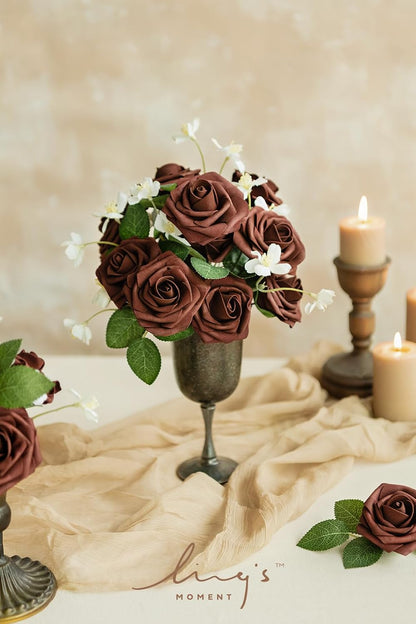 Artificial Flowers Walnut Brown Roses Decor w/Stems - Colors A